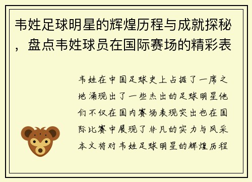 韦姓足球明星的辉煌历程与成就探秘，盘点韦姓球员在国际赛场的精彩表现